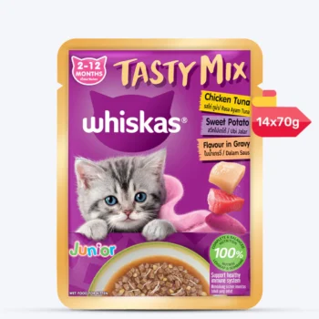 Whiskas Tasty Mix Chicken Tuna Sweet Potato Flavour Wet Food For Junior (2-12 Months) Kitten- 70 gm Pack